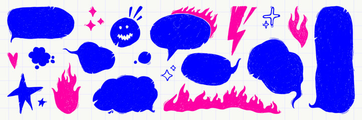 Set of hand drawn speech bubbles, flame elements, star, fire. Trendy grunge scrawl doodles for stickers. Freehand pencil drawing vector illustration.