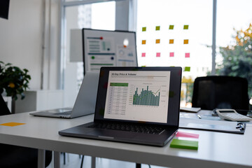 the atmosphere of an office in a company, a desk full of office supplies, a conference room with clear glass that lets in sunlight, the atmosphere of a modern conference room