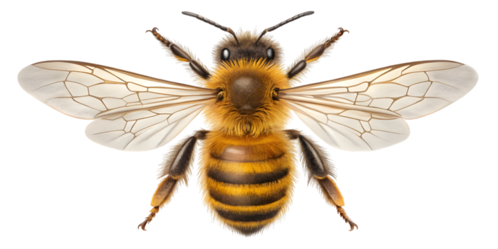 Detailed close-up of a fuzzy honey bee with translucent wings showcases intricate natural design and buzzing energy for your projects