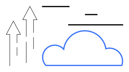Blue cloud with three upward arrows and abstract lines symbolizing innovation, cloud technology. Ideal for technology, innovation, progress, cloud storage, development, business growth, simple