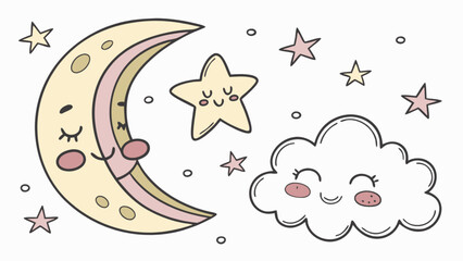 A whimsical illustration of a sleeping moon, stars, and a cloud, creating a cute and serene night sky scene perfect for a babys nursery