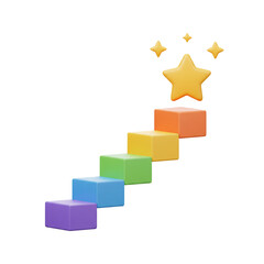 Obraz premium A vibrant staircase of rainbow-colored blocks ascends towards a sparkling golden star of success.