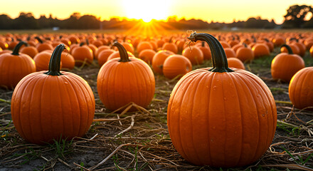 Golden hour sunset over a vast pumpkin patch field filled with ripe orange pumpkins ready for harvest