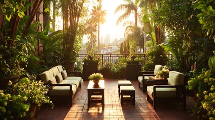 Fototapeta premium A lush patio area with comfortable seating and vibrant greenery.