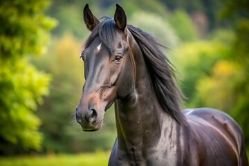 Obraz premium Black horse with a white spot on its forehead