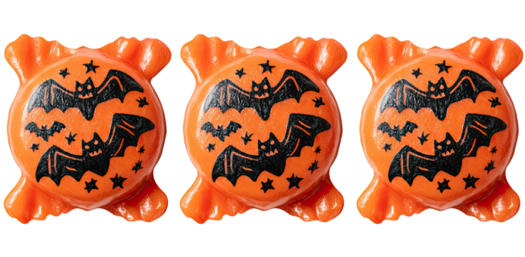 Three orange candy-like treats, each with a design of black bats and stars