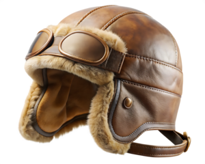 Brown leather aviator hat with fur isolated on a transparent background goggles vintage
