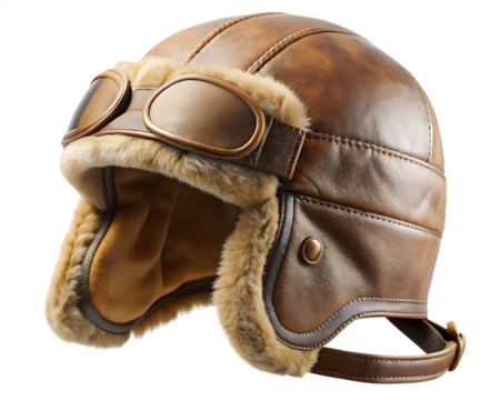 Brown leather aviator hat with fur isolated on a transparent background goggles vintage