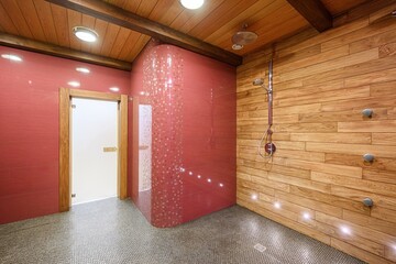luxurious shower room featuring wood-paneled walls, red tiled accents, and a mosaic floor. Modern...