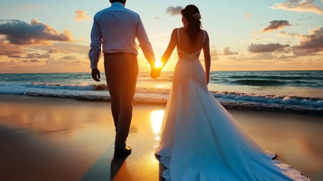 Romantic Beach Wedding Walk at Sunset &mdash; Bride and Groom Holding Hands Barefoot with Flowing Dress, Ocean Waves, and Golden Light | 4K Cinematic Love Scene