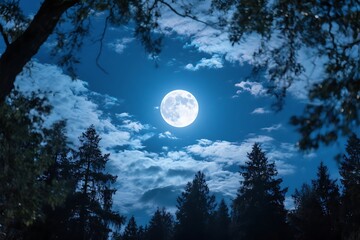 Naklejka premium Full Moon Over Forest at Night