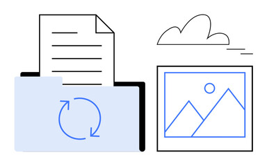 Folder with circular sync arrow, single-page document, framed landscape image, and cloud icon. Ideal for digital storage, data organization, file sharing, cloud backup, productivity workflow simple