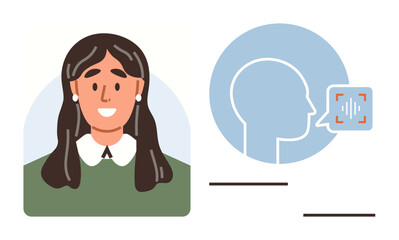 Young woman smiling alongside head profile with speech detection graphic. Ideal for voice recognition, AI, technology, communication, innovation, digital interaction, and sound analysis. Simple flat