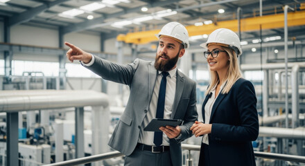 Industrial engineer man and woman in formal suit and safety helmet discussing project in modern factory, confident teamwork and leadership in manufacturing environment