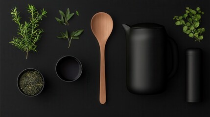 Assortment of fresh herbs cooking utensils and ceramic containers arranged on a dark background highlighting the natural organic ingredients and minimalist kitchen styling  category Food