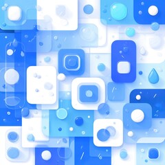 Abstract pattern of overlapping squares and circles in shades of blue and white, with subtle water droplet textures