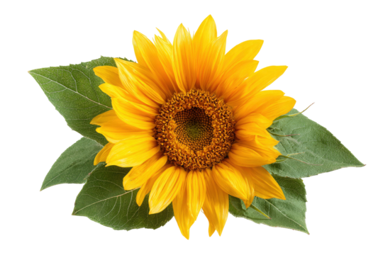 Bright yellow sunflower with green leaves on transparent background