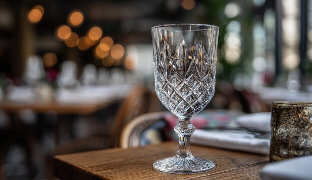 Clear, etched glass wine goblet on a wooden table.  Restaurant setting