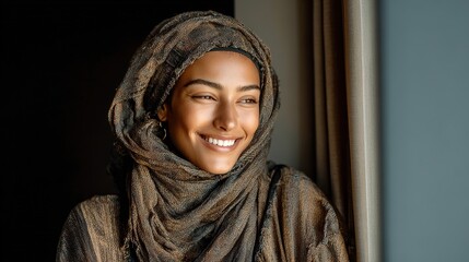 Smiling young Muslim woman in soft pastel hijab standing by sunlit apartment window