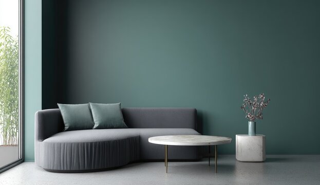 Teal-walled modern living room with sectional sofa