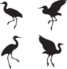 Egret bird black silhouette set vector with white background.