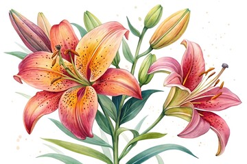 Fototapeta premium Painting of a pink and yellow flower with a green stem
