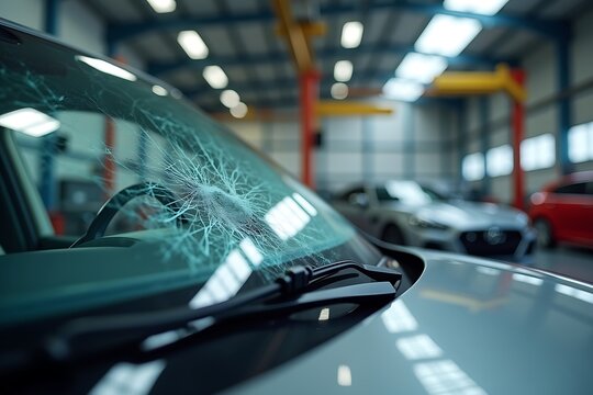Close up of a car with a shattered windshield in an auto repair shop