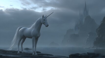 Naklejka premium Majestic white unicorn by a misty coastline.