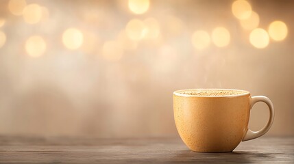 Cozy yellow mug of warm beverage with bokeh lights