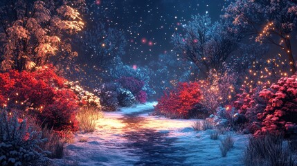Magical winter forest path lit by glowing lights