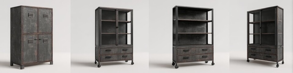 Industrial-style gray metal cabinets with glass doors and drawers
