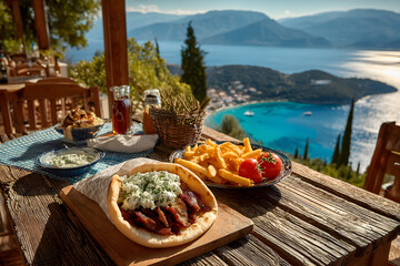 Obraz premium Gyros pita served on a wooden table with a breathtaking view of the ionian sea and greek coastline