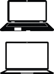  Black Silhouette Laptop Icons with Blank Screens on White Background