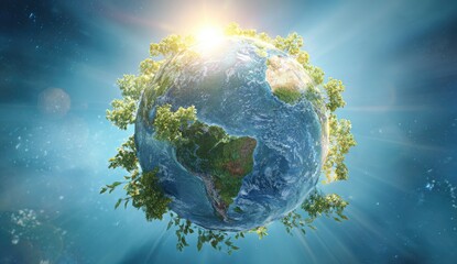 Earth, lush with greenery, bathed in sunlight