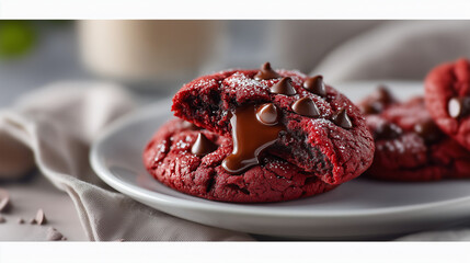 Gourmet Red Velvet Cookie with a Molten Chocolate Chip Filling. This image is perfect for food blogs, recipe websites, and social media content for bakeries or dessert brands. 