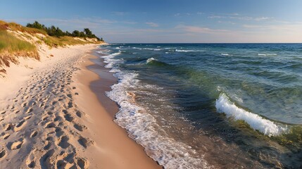 Obraz premium Footprints on a sandy beach meet the waves of a tranquil lake.