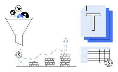 Funnel filtering data into coins, stacked coins showing growth, document sheets, and a table. Ideal for analytics, finance, business strategy, marketing, conversion rates productivity simple
