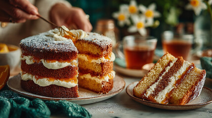 Delicious Victoria Sponge Cake with a Twist: Orange Jam. The action of serving the cake adds a dynamic and engaging element, making it ideal for blog posts about hosting, recipes, or a sweet escape.