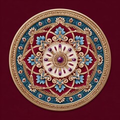 Intricate ornate decorative sculpture with floral motifs, gold accents, purple gemstones, and colorful detailing on a red background, showcasing craftsmanship and artistic design