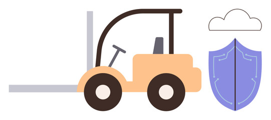 Forklift next to shield icon and cloud, symbolizing safety in operations. Ideal for logistics, warehouse security, safety training, workplace protection, goods transport, insurance, simple flat