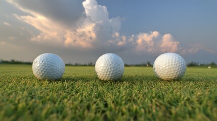 Three golf balls on a green fairway.