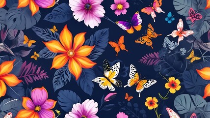 Obraz premium Vibrant seamless pattern of colorful tropical flowers and exotic butterflies on a dark botanical background