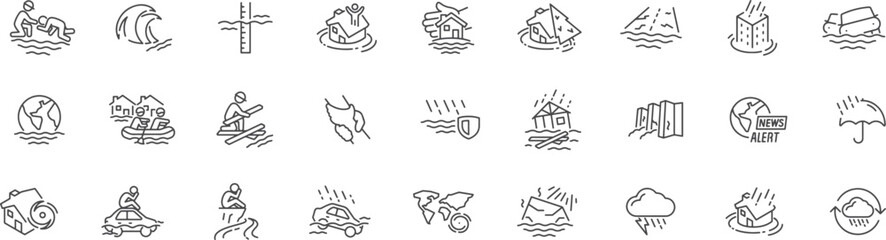 Nature and Outdoor Adventure Icon Set – Ocean, Waterfall, Beach, Boat, Surfing, Camping, Hiking, Sea, Nature Trail, River, Landscape, Rafting, Sky, Canoe, Mountain, Outdoor Life, Travel Escape, Vector