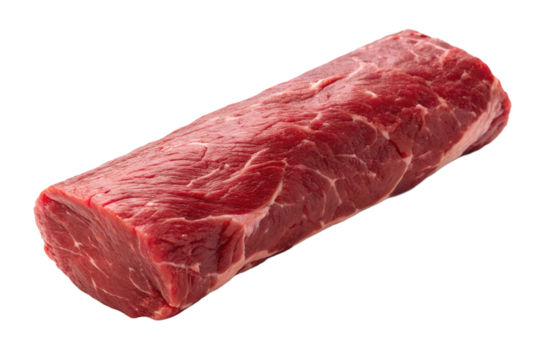 A whole piece of raw red beef, showing its natural marbling and vibrant color, resting isolated as a transparent png.