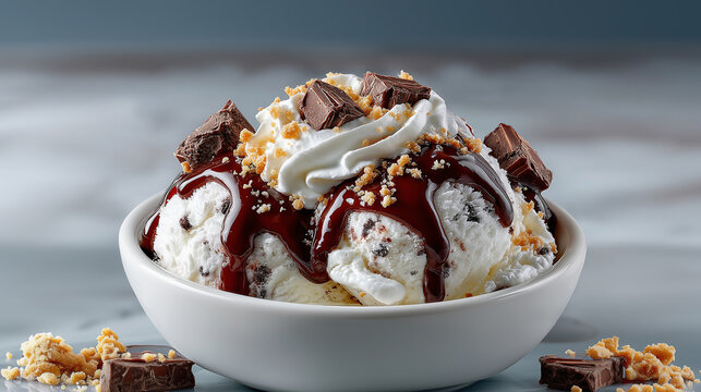 Delicious Ice Cream Sundae with Crushed Cookies and Fudge Sauce. The classic sundae look is universally appealing and can be used for promotions of sweet treats, desserts, and comfort food. 
