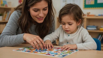Fototapeta premium Mother and child working on a colorful jigsaw puzzle.