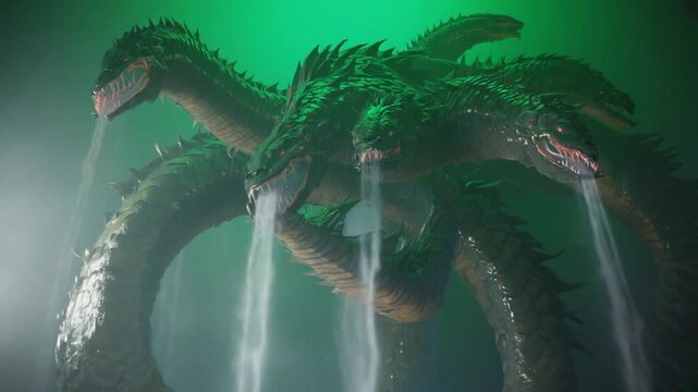 Terrifying green hydra with multiple heads breathes water in dark abyss
