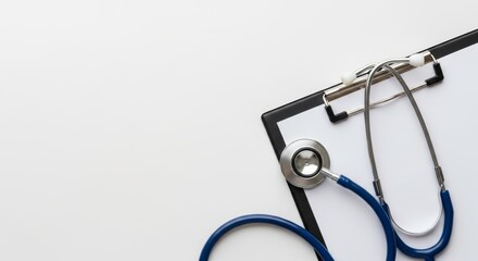 A medical stethoscope and a clipboard with blank paper, positioned on a clean white background, providing ample copy space for text. Ideal for healthcare, medical, education, and informational themes.