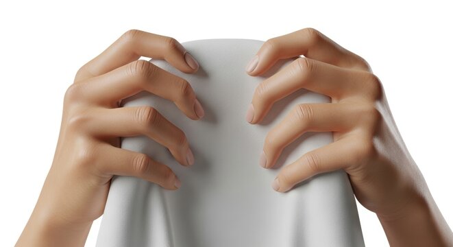 Female hands in protective gesture covering chest area over white clothing. Concept for health awareness, self-care, and breast protection.