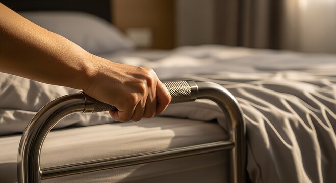 Hand gripping bed rail in a softly lit bedroom, representation of independence  